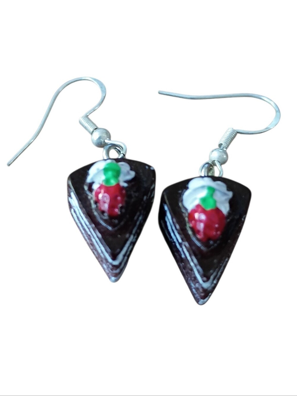 Handmade Chocolate Slice Dangle Earrings with Red Strawberry Accent
